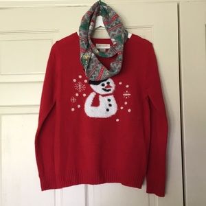 Red Snowman Christmas Sweater with Infinity Scarf
